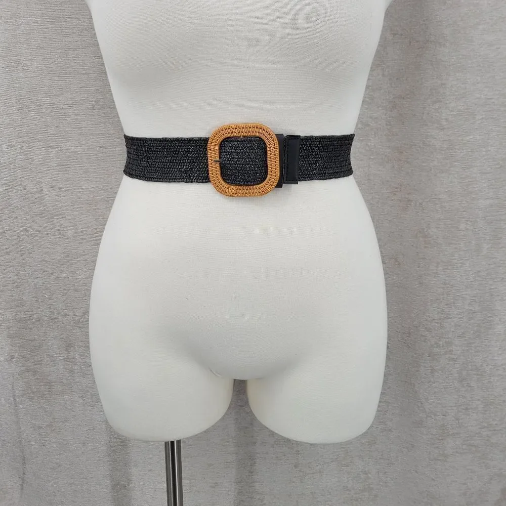 Black Woven Stretch Belt with Tan Buckle
